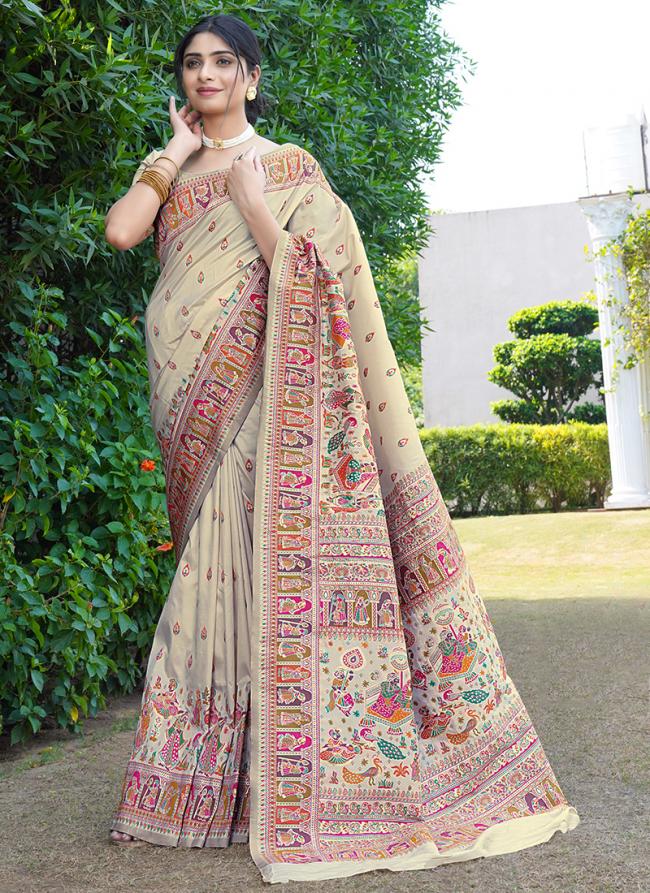 Soft Pure Silk Cream Traditional Wear Weaving Saree